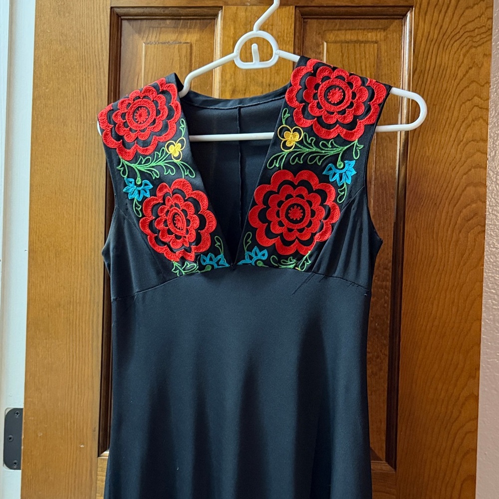 Black Dress with Red Floral Embroidery